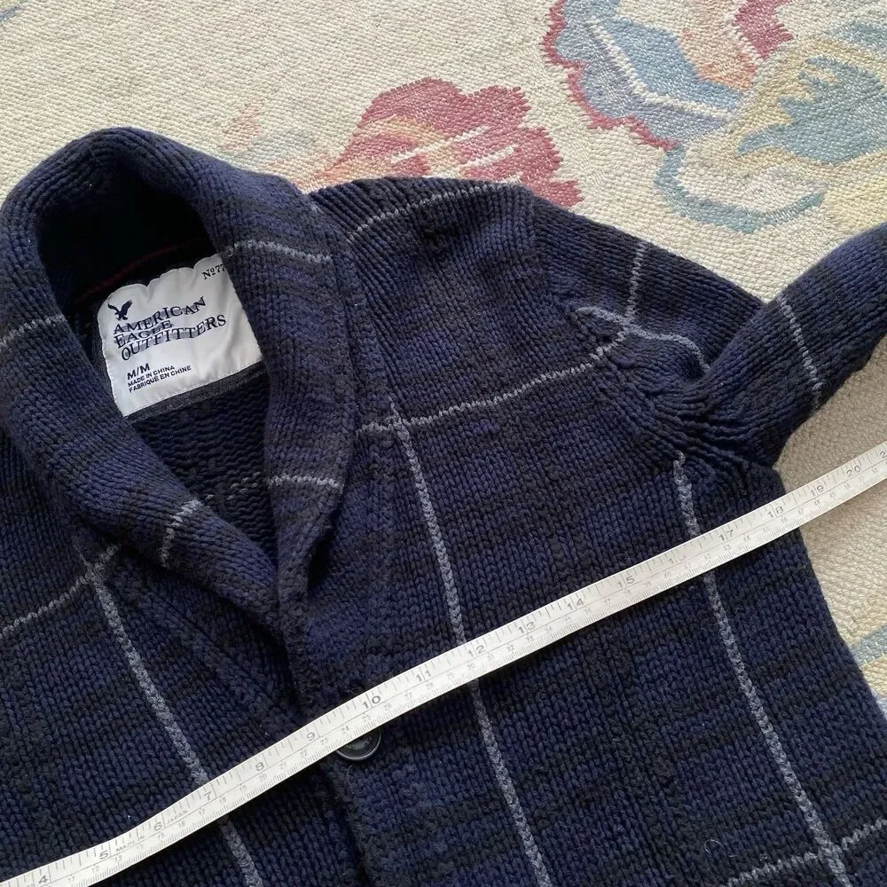 Y2K American Eagle Cardigan Sweater Vintage Chunky Medium Plaid Wool Cotton